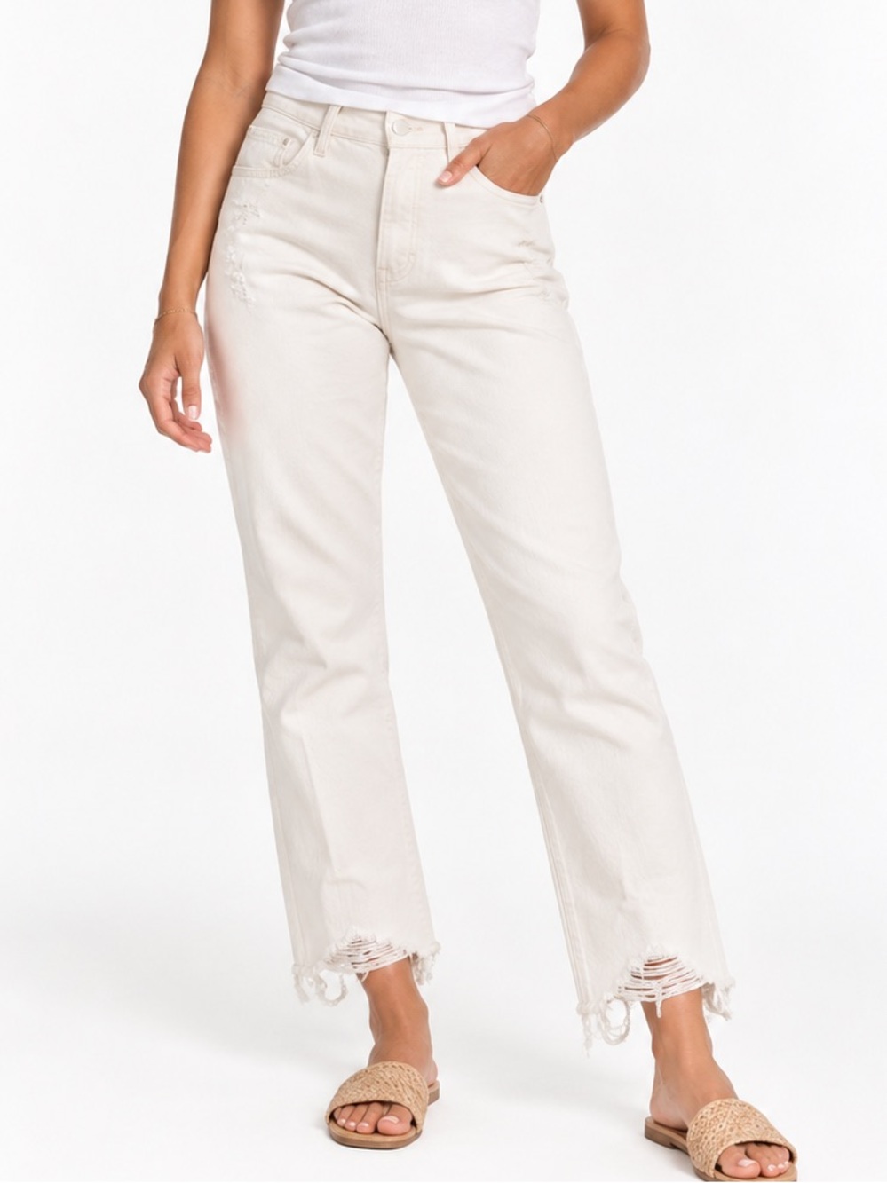Pistola | Charlie High Rise Distressed Straight Leg Button Fly Raw Hem Sz 28 EUC